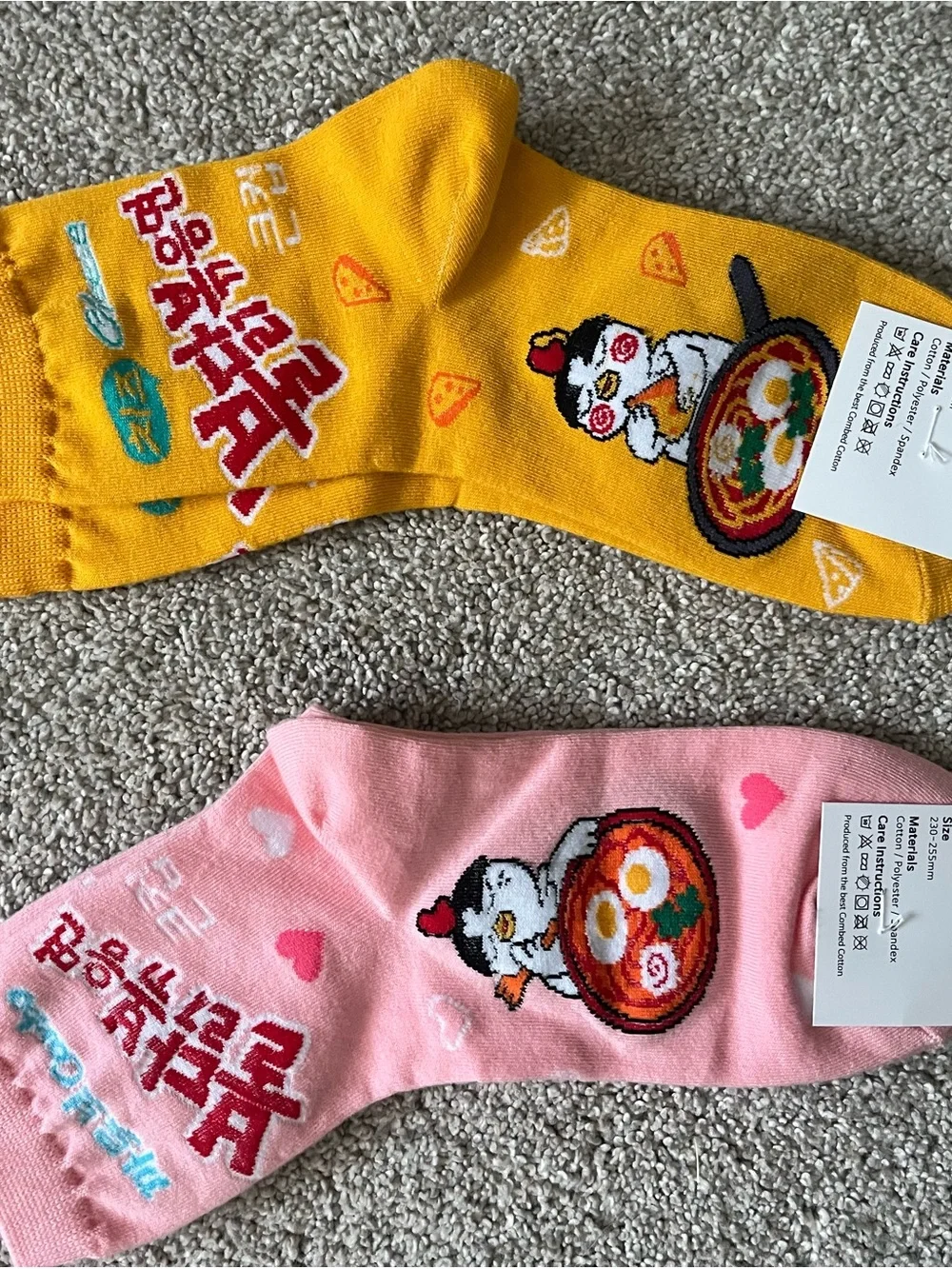 Novelty Korean Buldak Ramen Crew Socks - Yellow & Pink